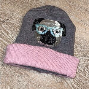 Pink Gray Silver Sequin Pug stocking Hat